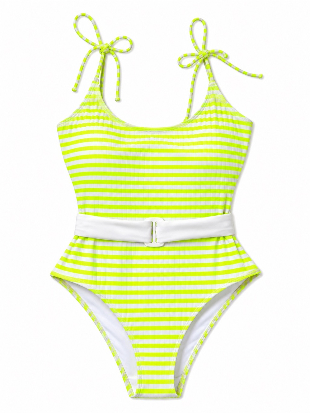 Neon Green Striped Belted One-Piece Swimsuit